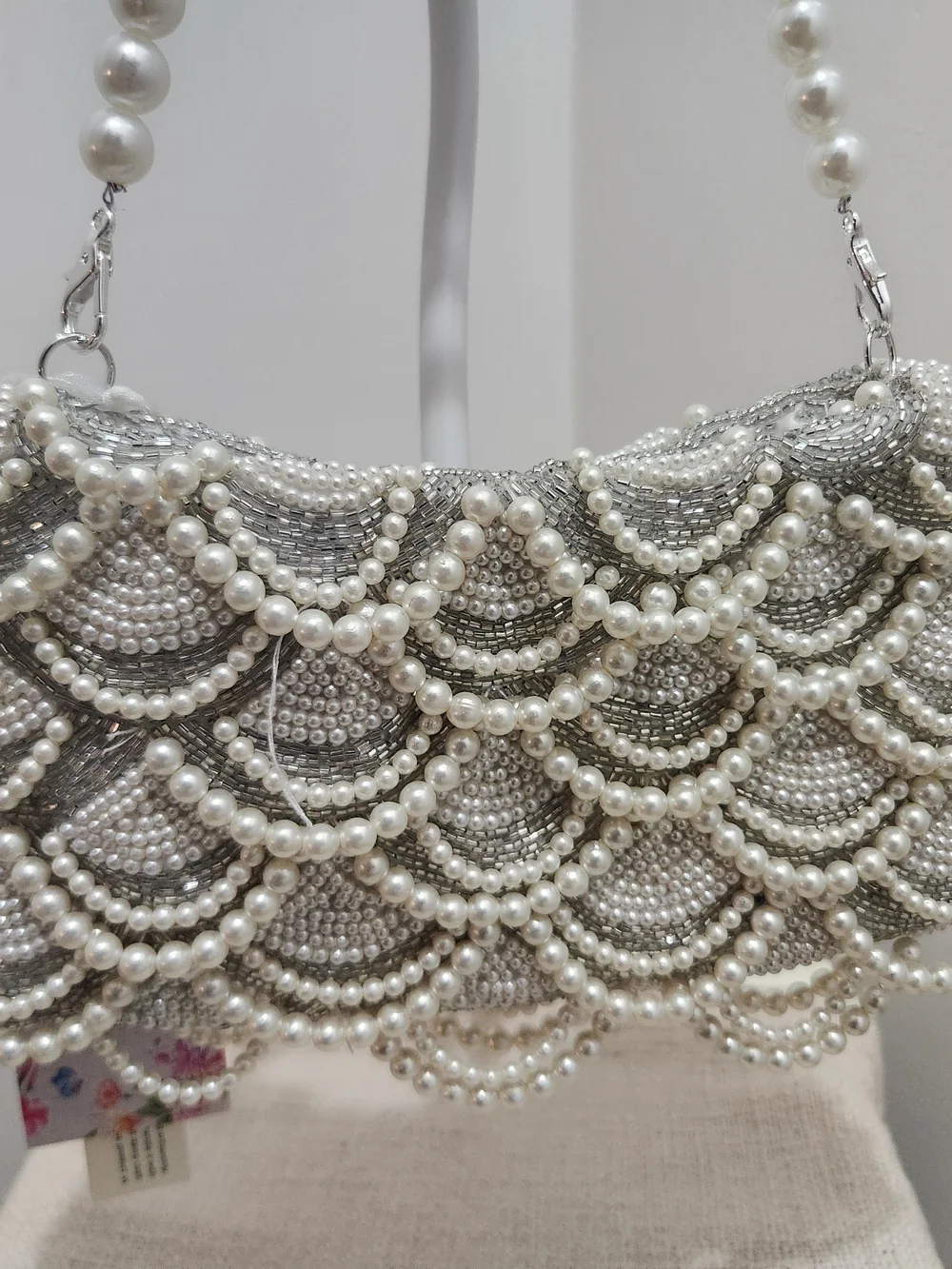 Pearl-Embellished White Beaded Shoulder Bag